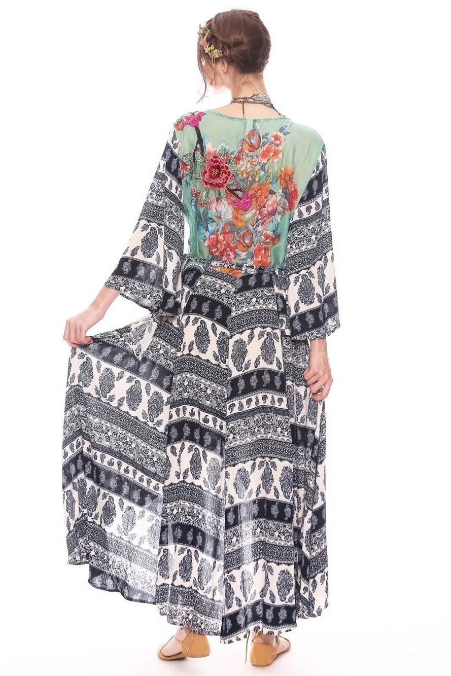 Aratta Silent Journey Embroidered Paisley Maxi Wrap Dress Whimsical Boho Size XS